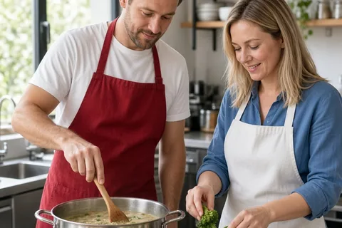 A man and woman cooking together side by side in a modern kitchen class, focused on the task at the counter with ingredients and a pot visible
