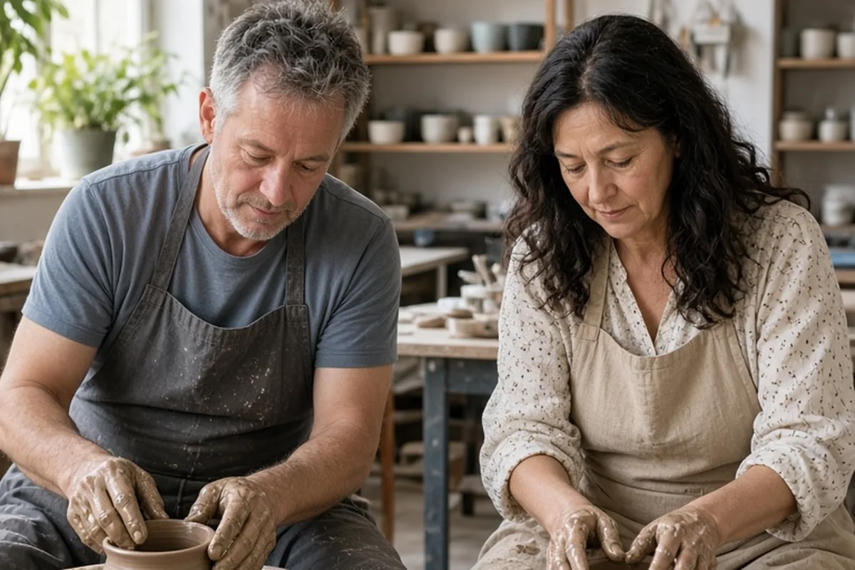 A couple seated at pottery wheels in a studio, each shaping a pot of clay