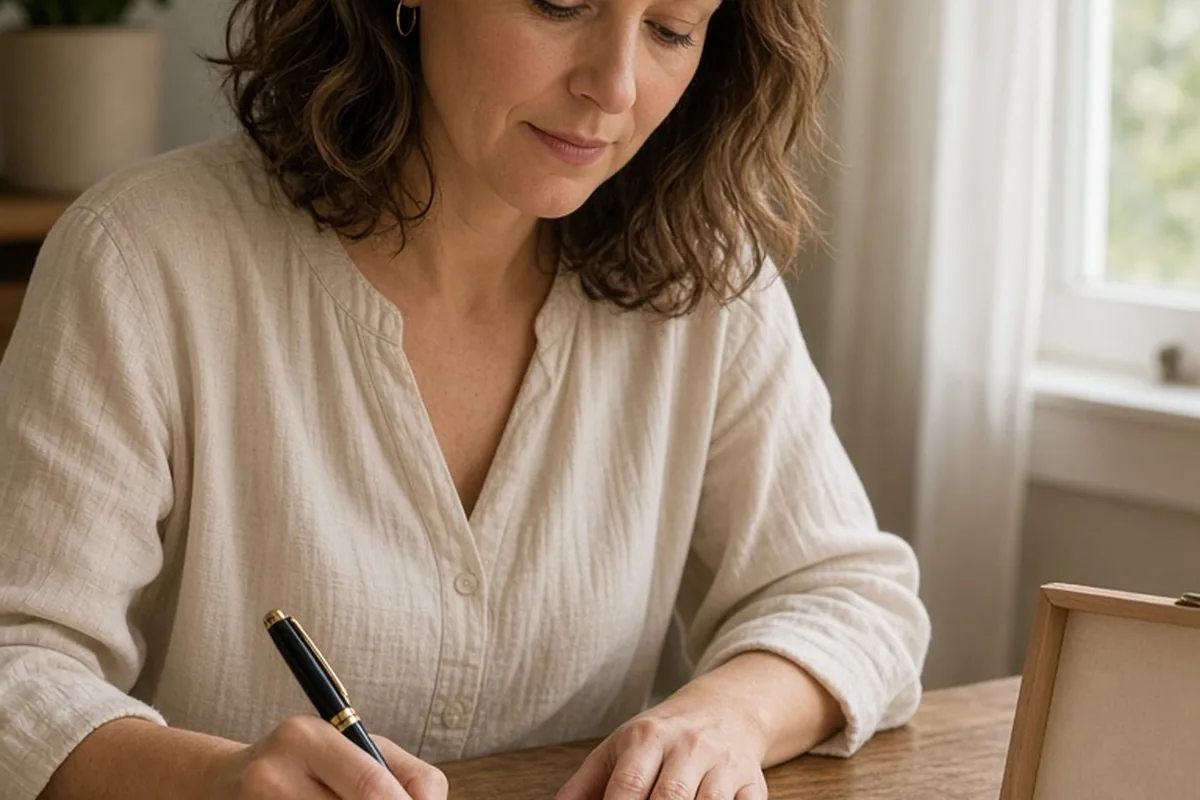 Woman writing a heartfelt letter at a desk beside an open gift box