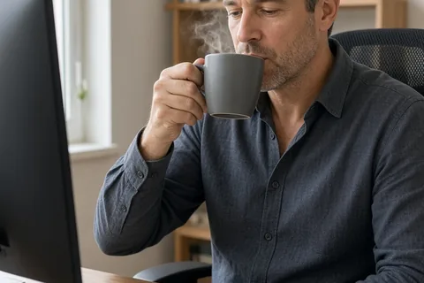 A man in his mid-40s with short salt-and-pepper hair and light stubble seated at a desk, sipping from a premium coffee mug with an ergonomic keyboard and monitor in the background