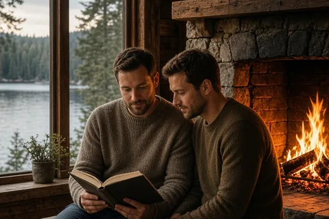 Two men reading books by a fireplace in a lakeside cabin