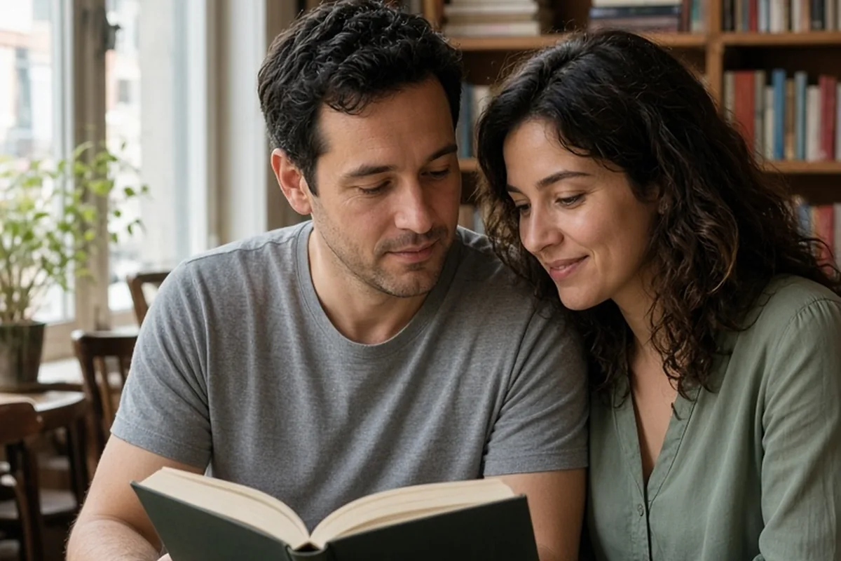 A man reading a book in a bookstore cafe while his partner sits close beside him smiling.