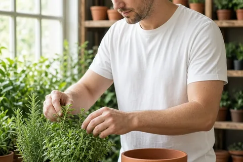 A man in his early thirties with short brown hair wearing a casual white t-shirt arranging three hardy aromatic herbs, a set of durable brass gardening tools, and a stylish terracotta planter on a nur