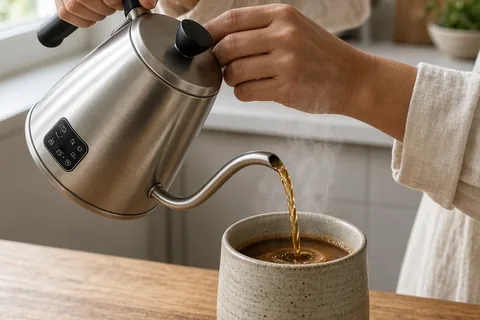 A close-up of a person's hands pouring coffee from a gooseneck kettle into a ceramic mug in a bright kitchen with steam rising