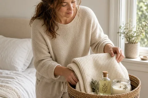 A woman in her bedroom assembling a self-care gift basket containing a Turkish bath sheet, botanical body oil, and soy candle on a wooden nightstand.
