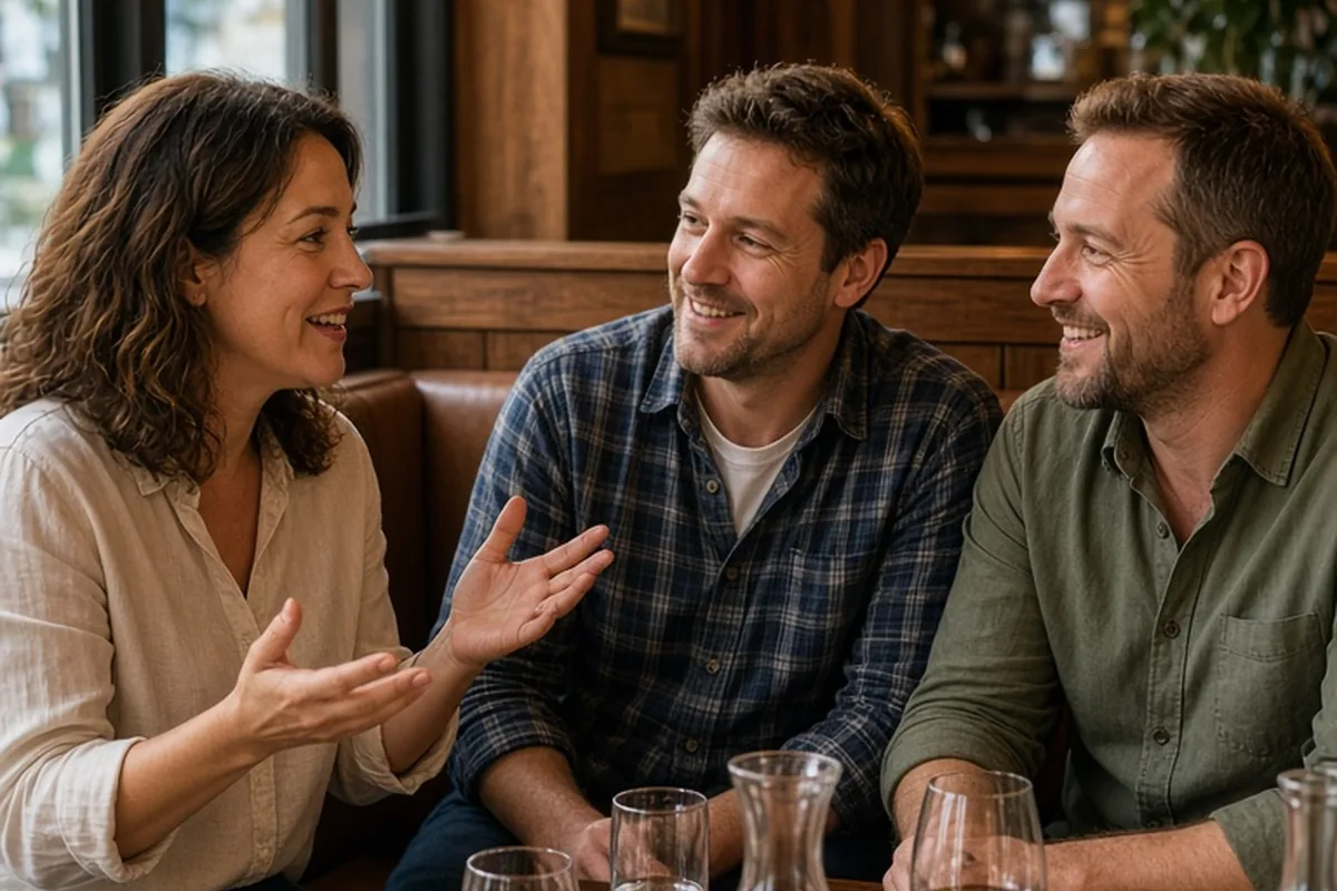 A woman and two men seated in a private booth at a local tasting room engaged in conversation