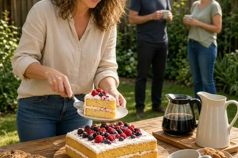 A woman serving a slice of cake with fresh seasonal berries at a backyard table during a birthday party with a homemade sheet cake, cookies, and coffee station