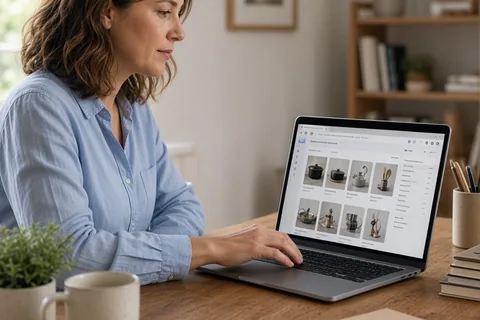 A woman with wavy brown hair in a light blue blouse and dark jeans at a wooden desk, hand on laptop trackpad, looking at unreadable registry screen