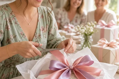 A woman cutting the ribbon off a gift box at a bridal shower table