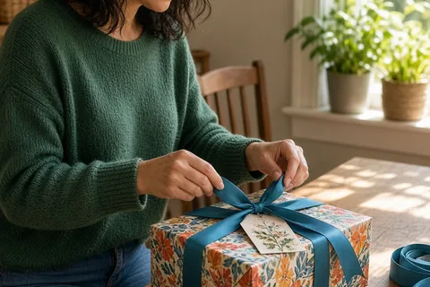 A woman in a home setting attaching a card to a wrapped gift box with ribbon on a wooden table