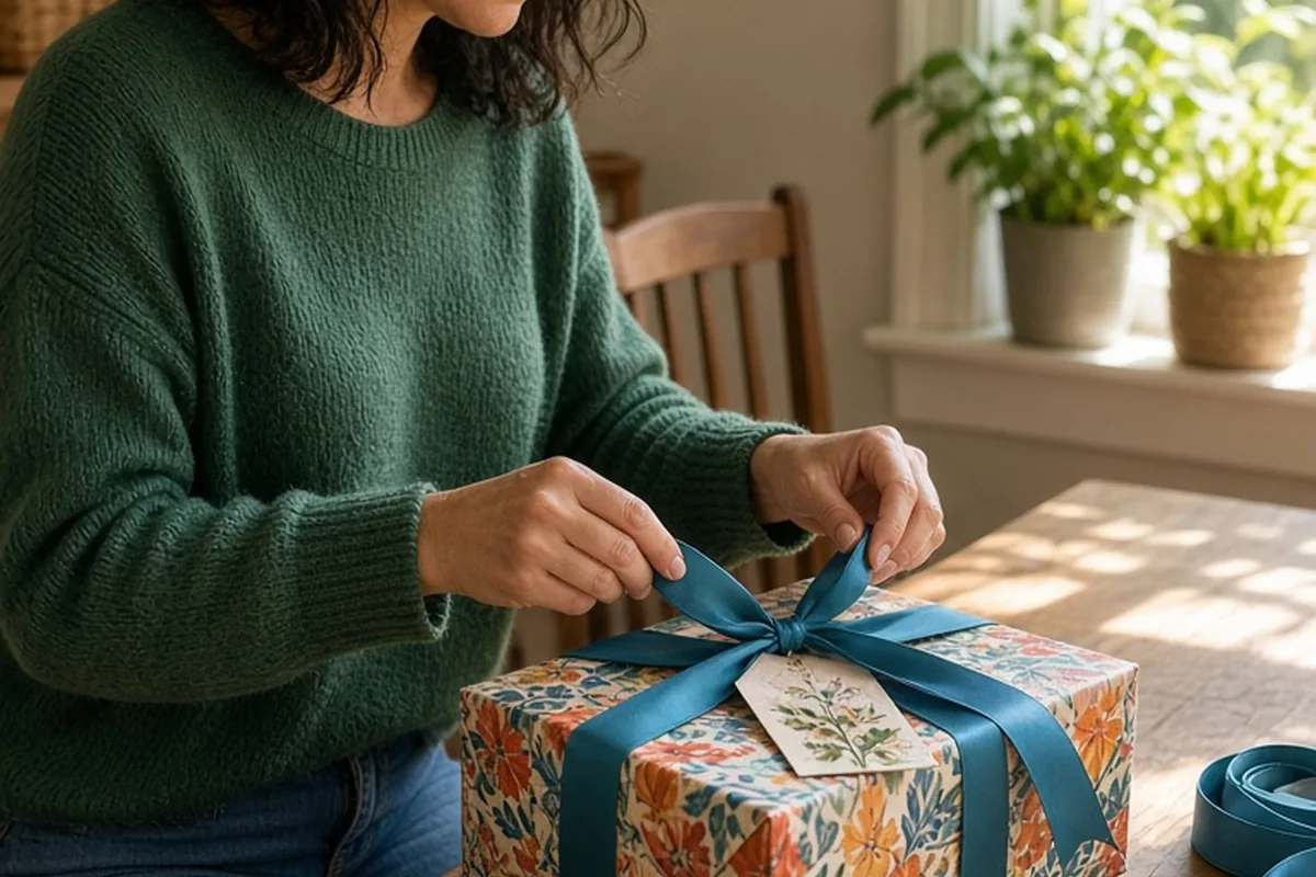 A woman in a home setting attaching a card to a wrapped gift box with ribbon on a wooden table