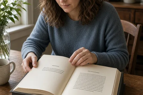 A woman in her mid-thirties with shoulder-length wavy brown hair sitting at a wooden table in a home setting, holding an open custom bound book with pages containing typed stories