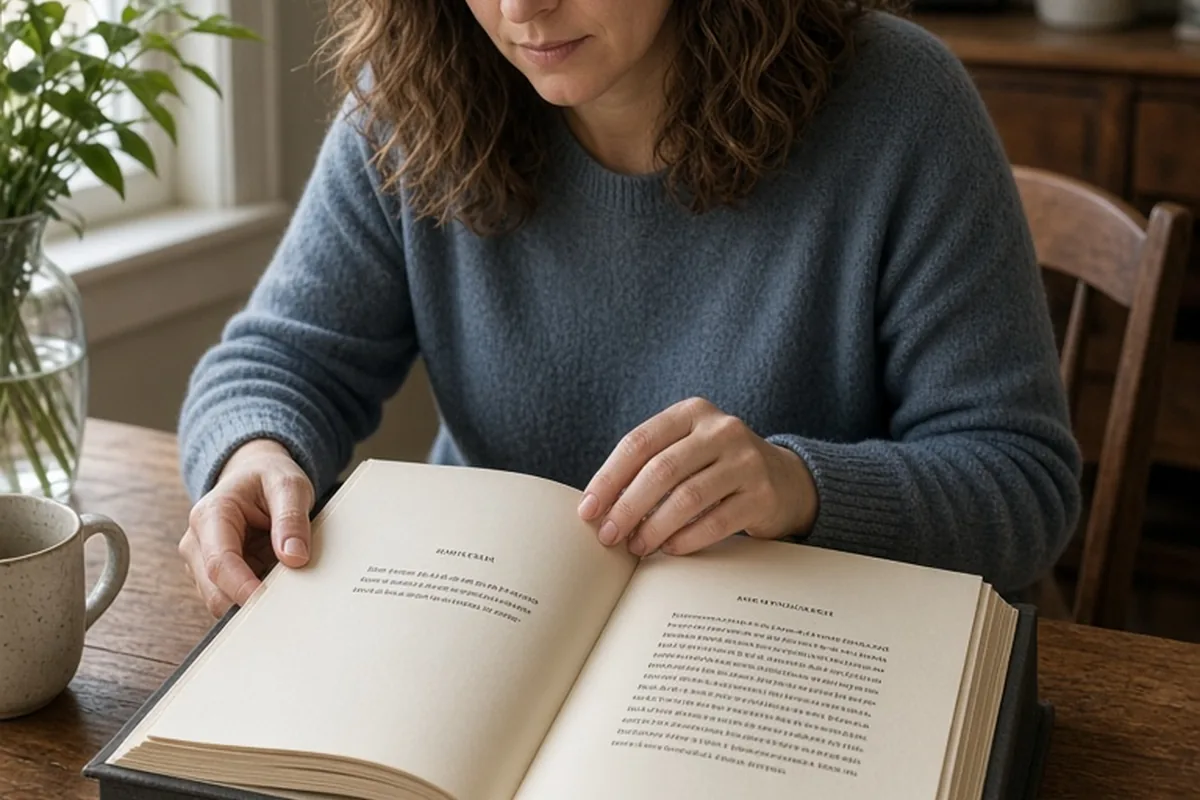 A woman in her mid-thirties with shoulder-length wavy brown hair sitting at a wooden table in a home setting, holding an open custom bound book with pages containing typed stories