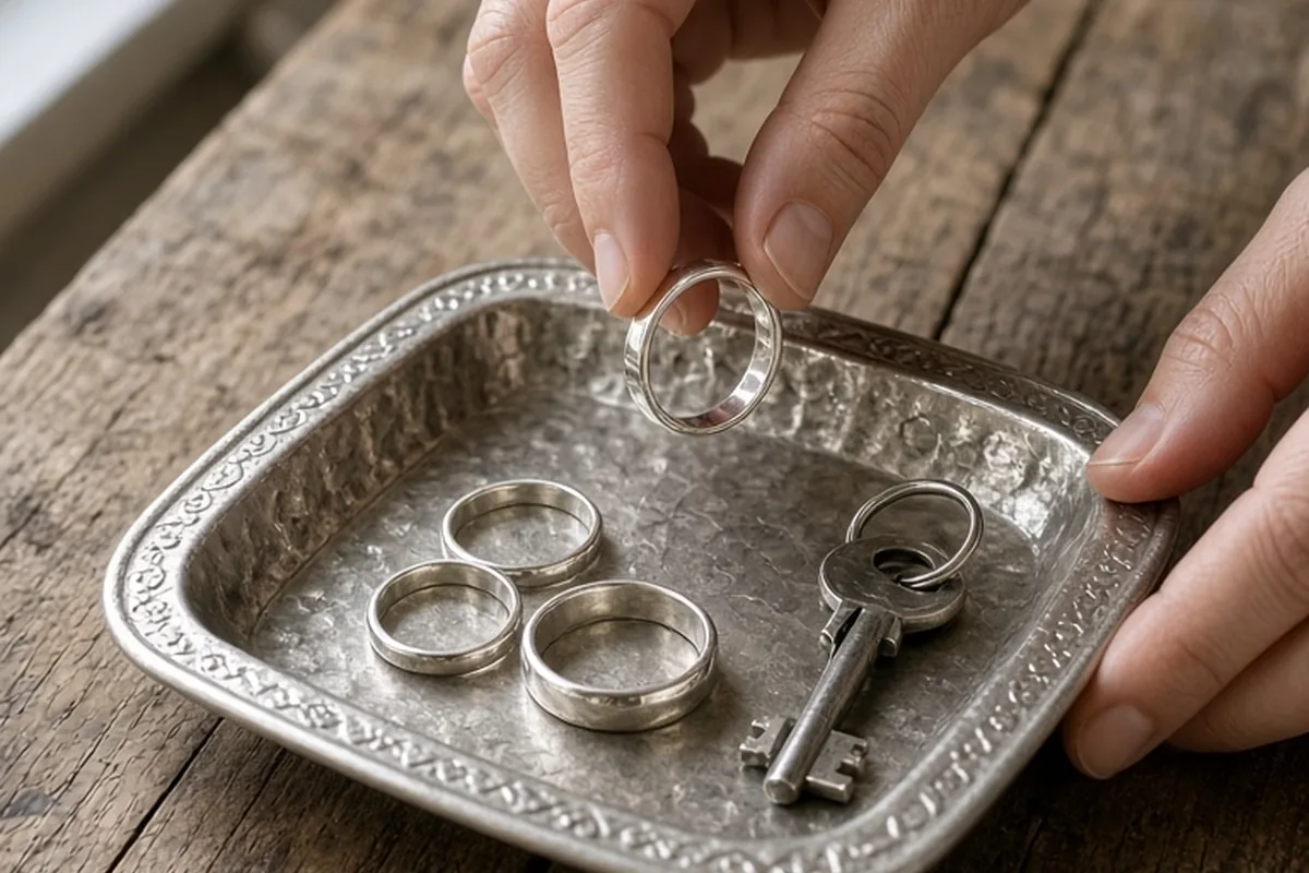 Close-up of adult hands placing a silver wedding ring into a stamped tin catchall tray filled with silver rings and keys on a wooden table