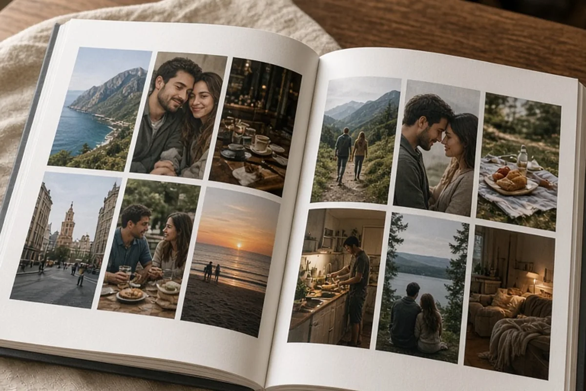 An open custom photo book on a wooden table displaying printed photographs from different years of a couple's relationship.