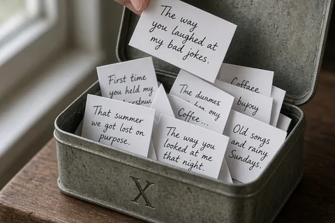 A close-up of a hand inserting a folded note into an open small vintage tin box filled with other notes, on a wooden surface, with the tin stamped '10'