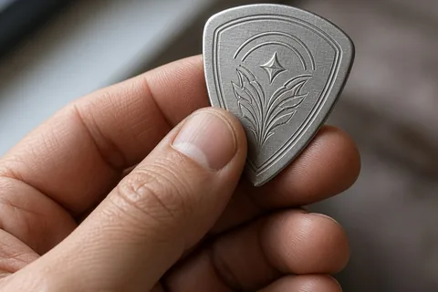 A man's hand holding a stamped aluminum guitar pick in a close-up view with realistic metal texture and subtle stamping visible