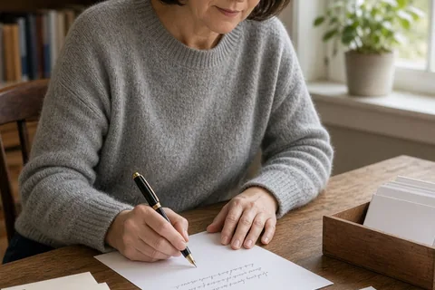Woman writing the fifteenth reason on cardstock at a wooden desk with letter envelopes in a cozy home office