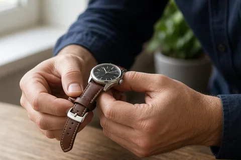 A man with short dark hair carefully attaching a brown leather watch strap to his wristwatch at a desk