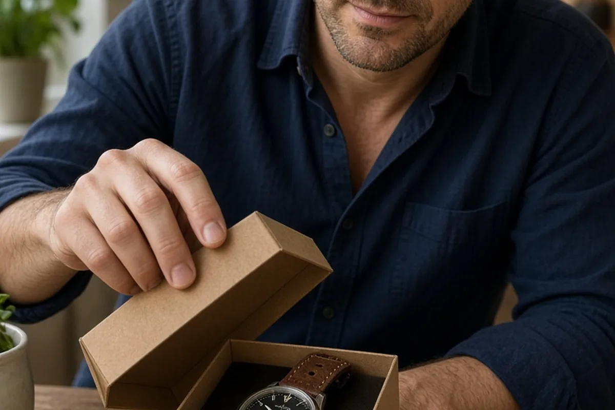 A middle-aged man opening a small gift box on a wooden table revealing a vintage field watch with polished crystal and new leather strap