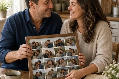 A man in his forties presenting a glass frame filled with multiple photos to his wife in a kitchen setting over coffee on their anniversary morning