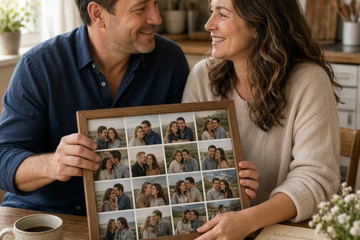 A man in his forties presenting a glass frame filled with multiple photos to his wife in a kitchen setting over coffee on their anniversary morning