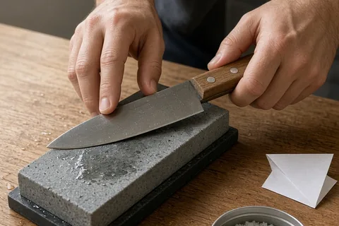 A close-up of a man's hands sharpening a kitchen knife on a whetstone in a kitchen, with a tin of salt flakes and a folded note beside the anniversary gift