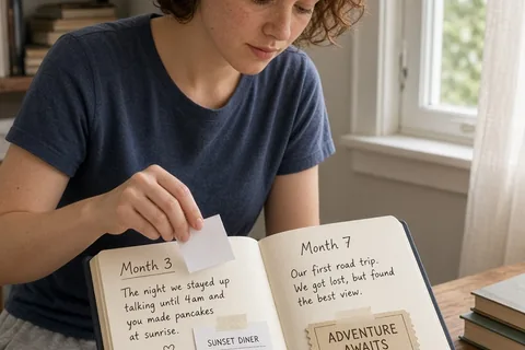 A woman in her mid-twenties with short curly auburn hair pasting items into an open hardbound sketchbook on a wooden desk, with pages containing handwritten notes, a diner receipt, a ticket stub, and 