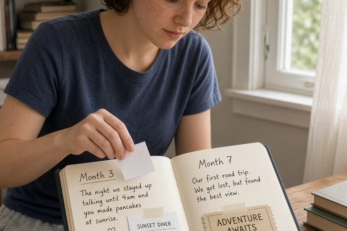 A woman in her mid-twenties with short curly auburn hair pasting items into an open hardbound sketchbook on a wooden desk, with pages containing handwritten notes, a diner receipt, a ticket stub, and 