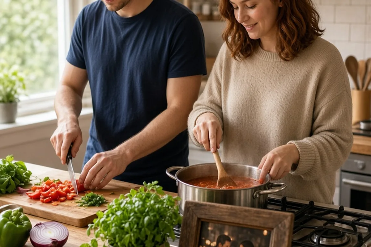 A couple in a kitchen preparing food together, the man chopping vegetables while the woman stirs a pot on the stove, with a framed photo of their first date on the counter