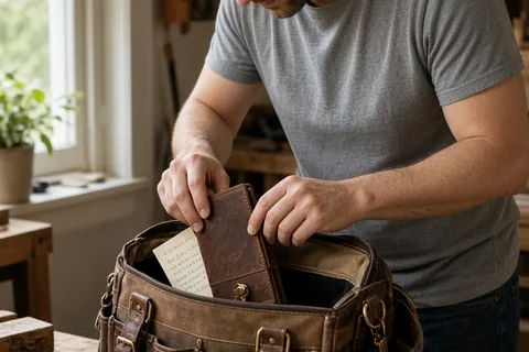 A man in his mid-thirties with short dark hair and stubble placing a leather notebook into an open brown leather work bag on a wooden desk in a home workshop, a handwritten letter visible inside the b