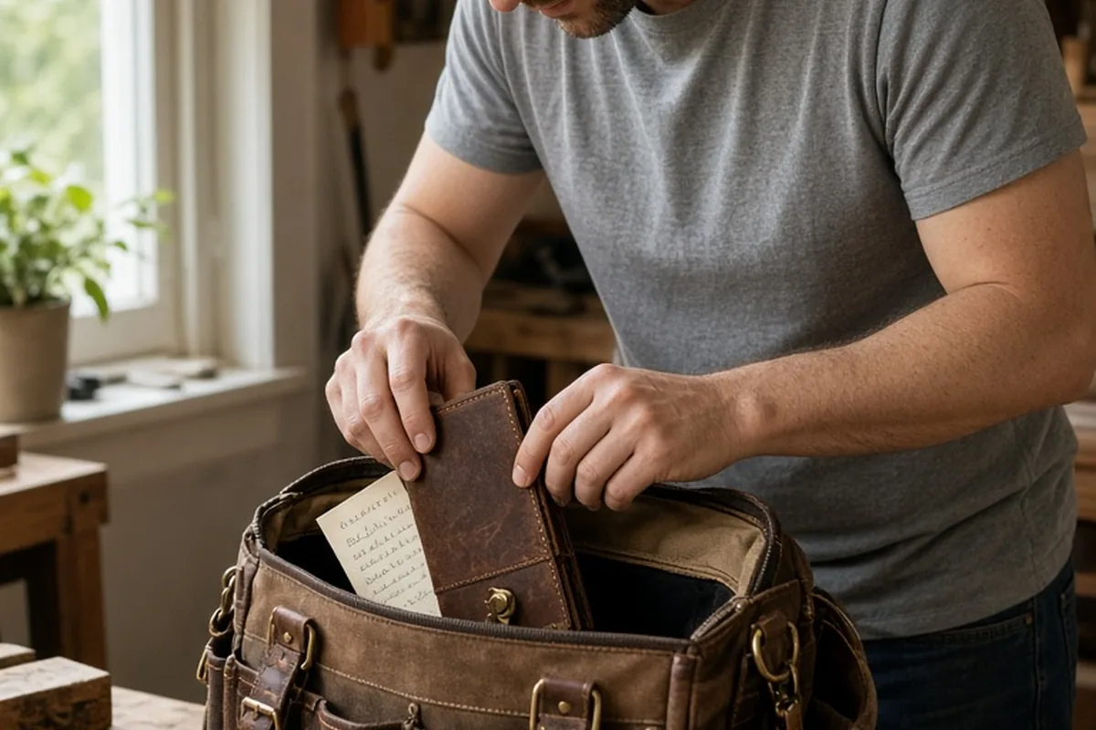 A man in his mid-thirties with short dark hair and stubble placing a leather notebook into an open brown leather work bag on a wooden desk in a home workshop, a handwritten letter visible inside the b