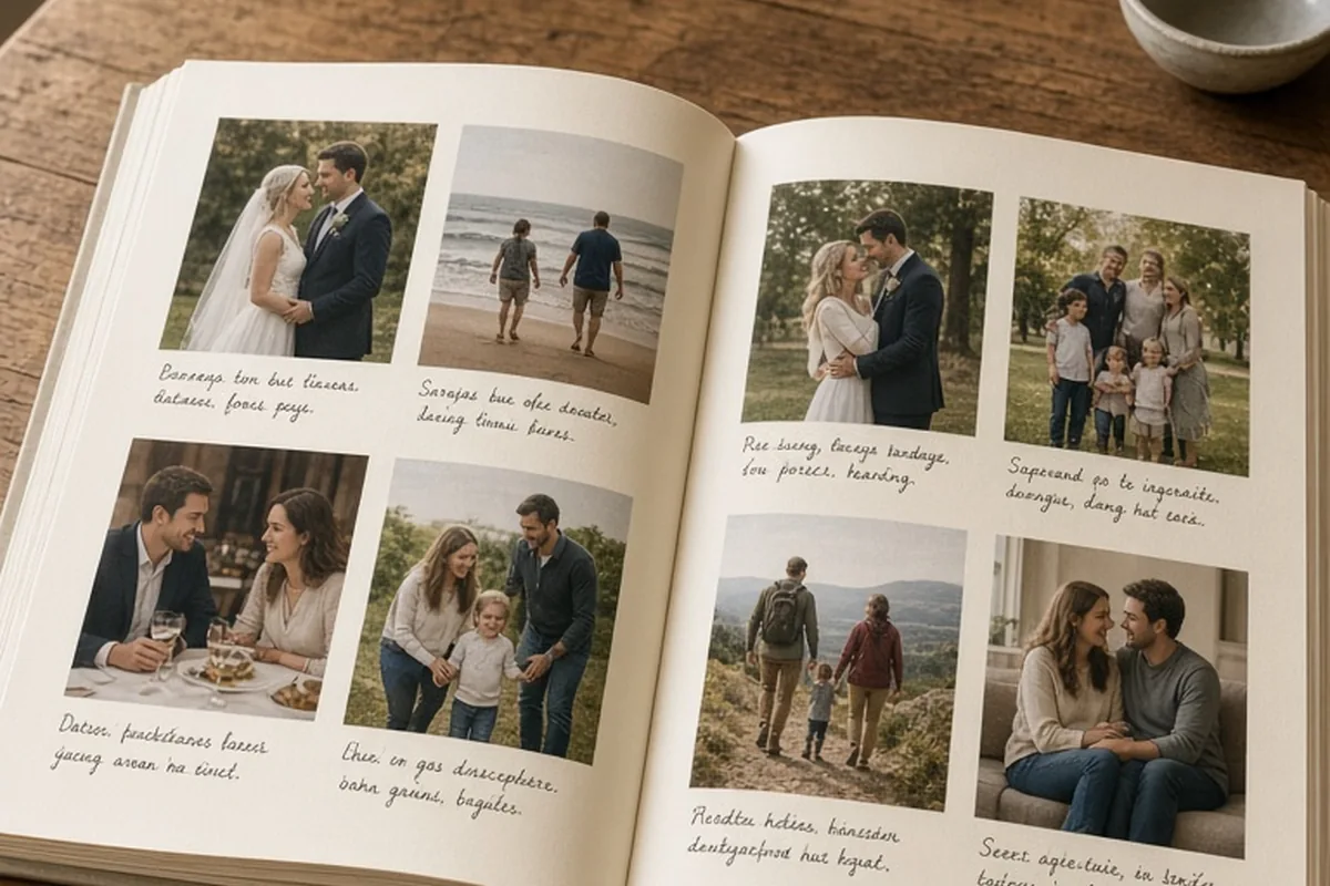 An open photo book on a wooden table showing chronological photos and captions from a 20-year marriage