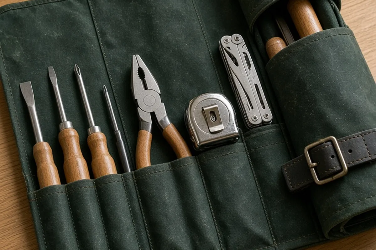 Open dark green waxed-canvas tool roll filled with hand tools on a wooden table