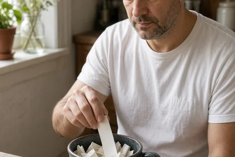 A middle-aged man with short dark hair sitting at a kitchen table, gently pulling a rolled paper note from a vintage ceramic coffee mug filled with notes