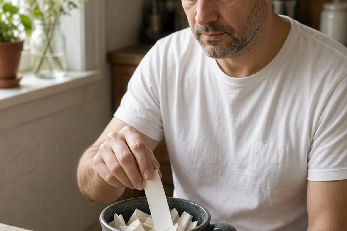 A middle-aged man with short dark hair sitting at a kitchen table, gently pulling a rolled paper note from a vintage ceramic coffee mug filled with notes
