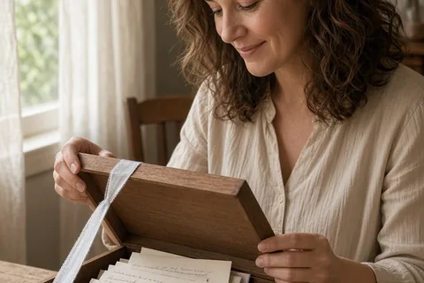 A woman in her early forties with wavy brown hair wearing a simple elegant blouse opens a wooden gift box containing handwritten letters and cards, her face illuminated by soft natural light showing a