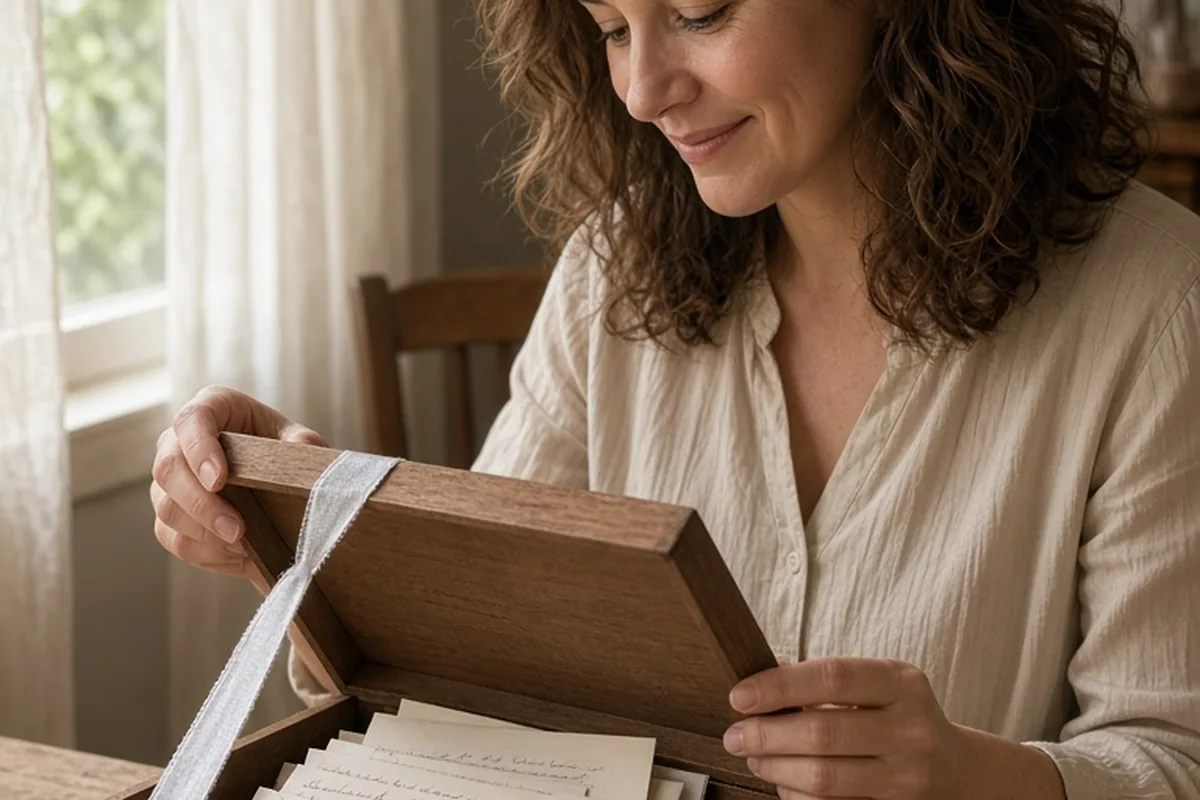 A woman in her early forties with wavy brown hair wearing a simple elegant blouse opens a wooden gift box containing handwritten letters and cards, her face illuminated by soft natural light showing a