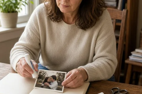 A woman in her mid-fifties assembling a 30-year photo album with vintage photos and handwritten notes at a desk