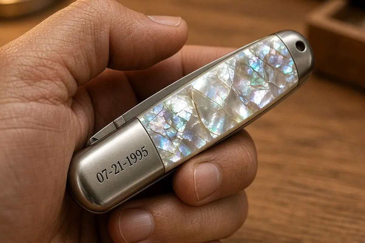 Close-up of a man's hand holding a pocket knife with mother-of-pearl inlay and engraved wedding date on a wooden surface.