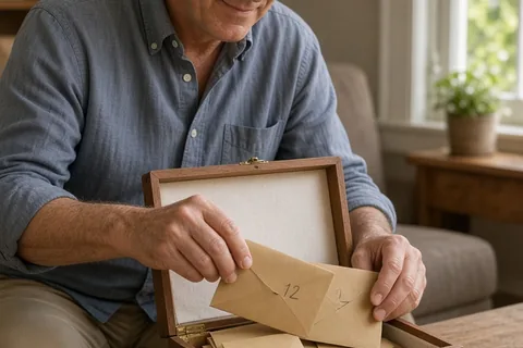 A man in his mid-fifties placing a numbered envelope into an open wooden box filled with other envelopes on a table in a living room.