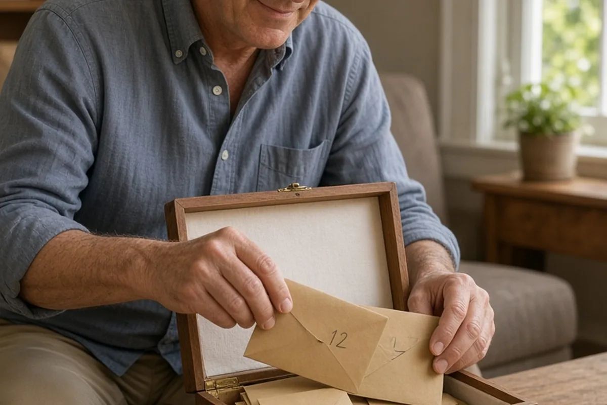 A man in his mid-fifties placing a numbered envelope into an open wooden box filled with other envelopes on a table in a living room.