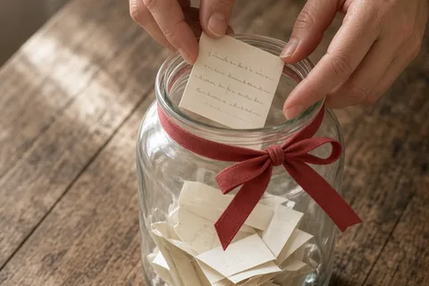 Close-up of adult hands placing a folded handwritten note into a clear glass jar tied with a red ribbon on a wooden table