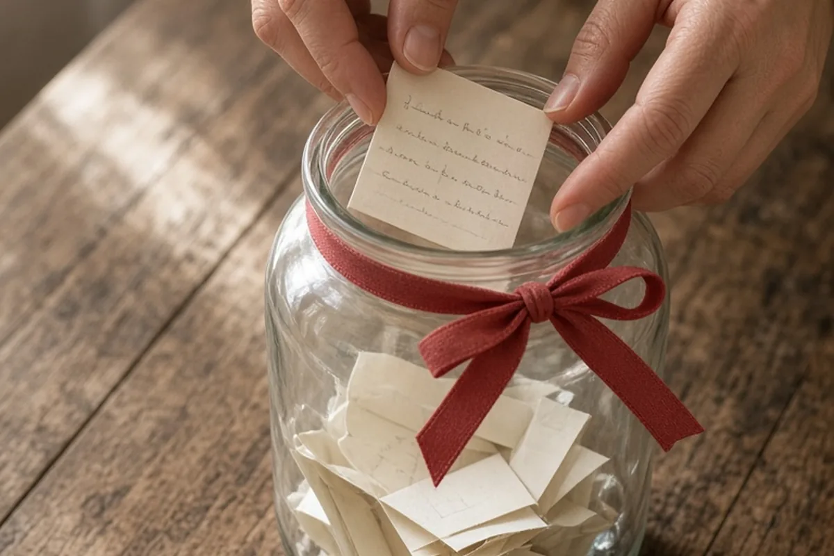 Close-up of adult hands placing a folded handwritten note into a clear glass jar tied with a red ribbon on a wooden table