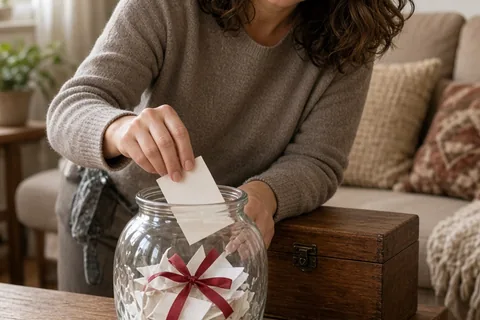 A woman in her mid-forties with shoulder-length wavy brown hair places a folded handwritten note into a decorative glass jar on a wooden coffee table in a living room