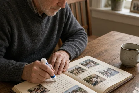 A man in his mid-sixties carefully gluing vintage photographs into an open leather-bound journal at a wooden dining table
