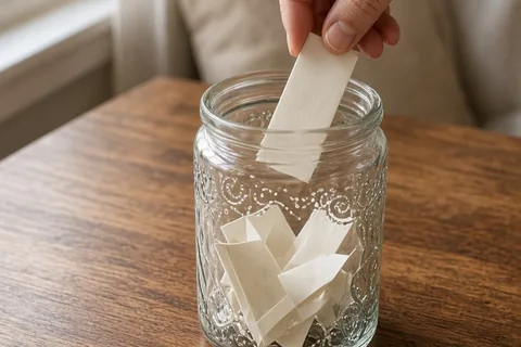 Close-up of an adult hand inserting a folded paper slip into a glass jar on a wooden table