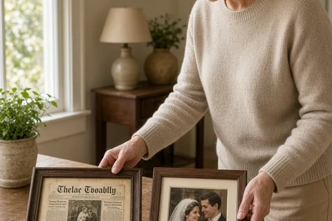 A woman in her early sixties arranging two framed items on a wooden table, one a vintage newspaper page from her wedding day and the other a personal wedding photograph.