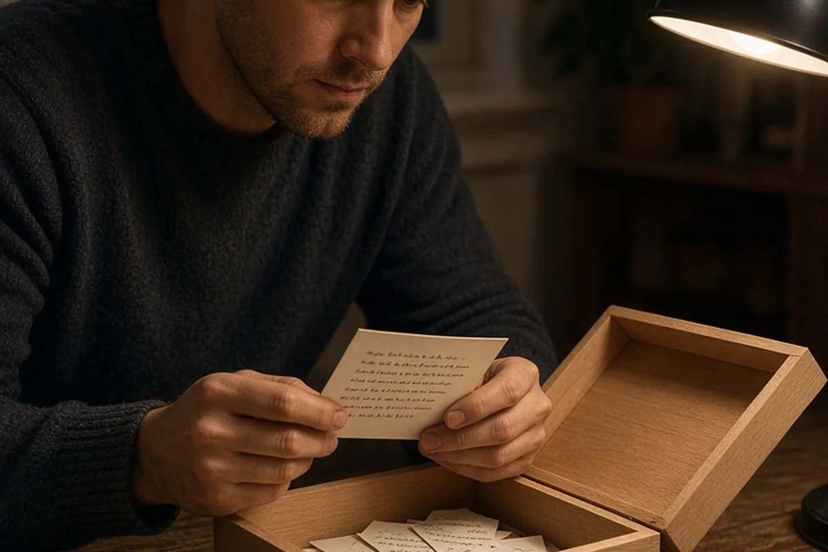 A man with tousled brown hair reading an open wooden box filled with handwritten cards at a desk at night, with an emotional expression