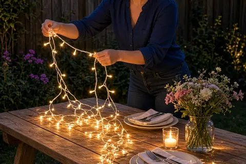 A woman in a backyard at dusk carefully arranging string lights on a wooden table set for a romantic dinner